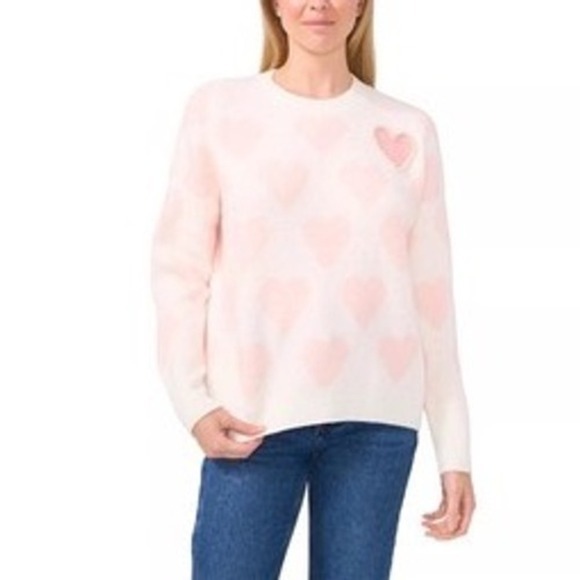 Vince Camuto Pink Heart Knit Sweater Womens Pearl Embellished Medium Valentine - Picture 11 of 11
